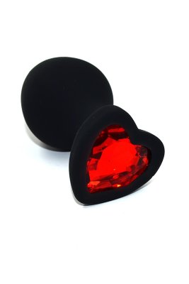 Черная анальная пробка из силикона с красным кристаллом в форме сердца (Medium), 