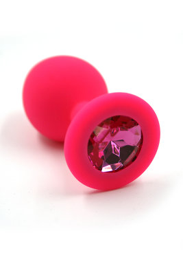 Розовая анальная пробка из силикона с ярко-розовым кристаллом (Medium), 