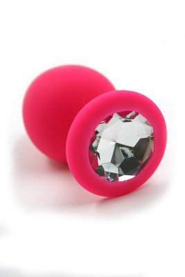 Розовая анальная пробка из силикона с прозрачным кристаллом (Medium), 