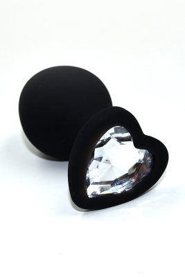Черная анальная пробка из силикона с прозрачным кристаллом в форме сердца, 