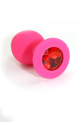 Розовая анальная пробка из силикона с красным кристаллом (Medium), 